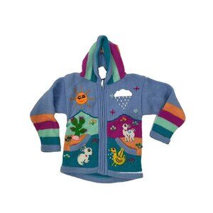 Hand Knit Hooded Sweater Girls Sz 3T Full Zip Animals Spring Easter NWT